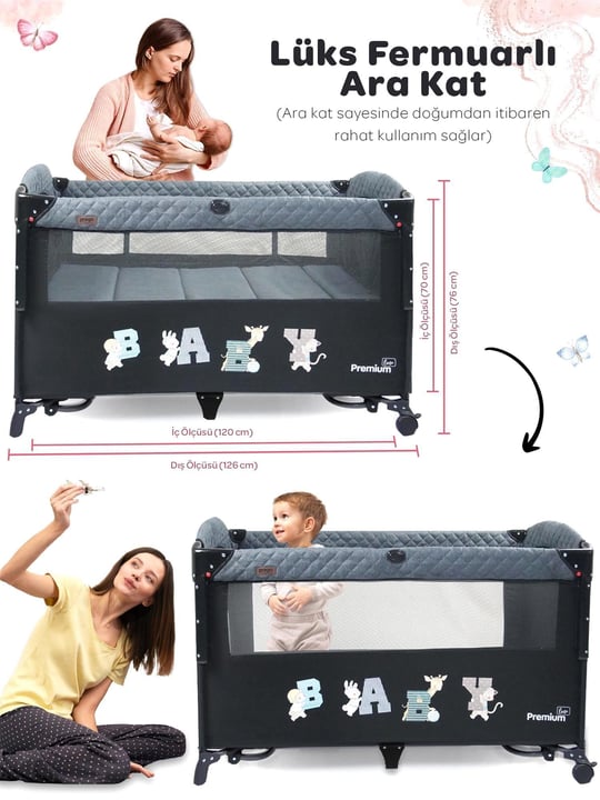 Prego Premium Line Alt Açma Üniteli BEJ Anne Yanı Oyun Parkı 70*120 Cm Bej 8049
