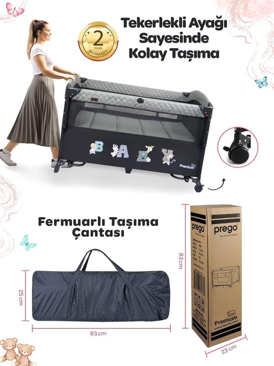 Prego Premium Line Alt Açma Üniteli GRİ Anne Yanı Oyun Parkı 70*120 Gri 8049