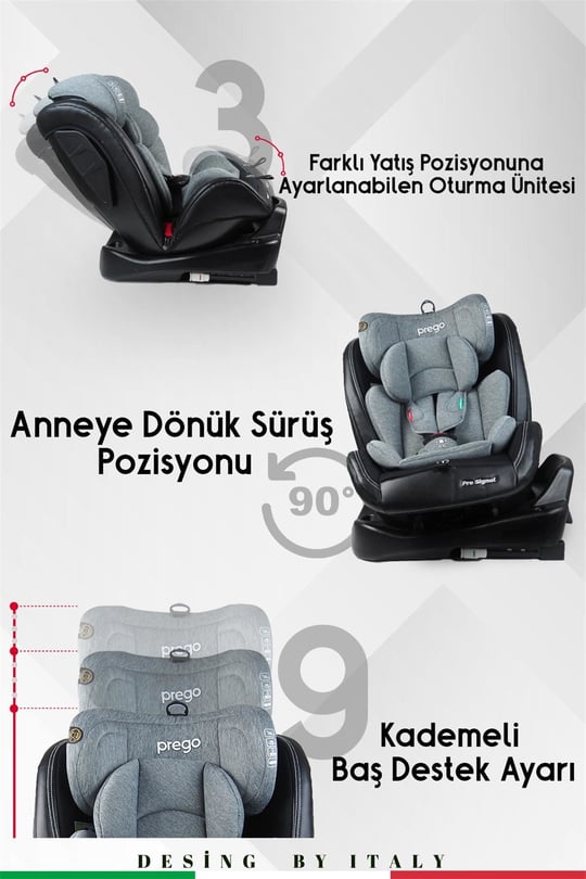 Prego Profix Pro Signal 360 Derece Dönebilen 0-36 Kg Isofixli Oto Koltuğu Gri 4093