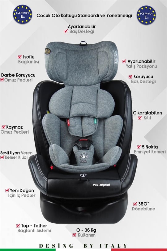 Prego Profix Pro Signal 360 Derece Dönebilen 0-36 Kg Isofixli Oto Koltuğu Gri 4093