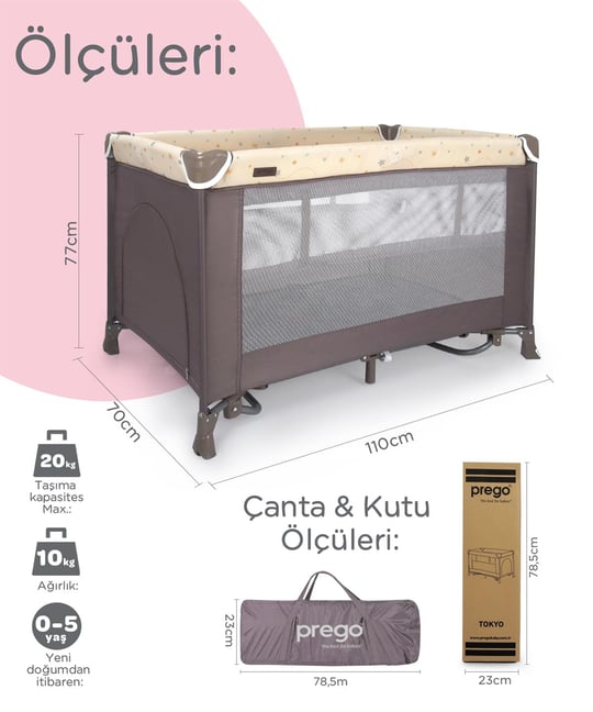 Prego Tokyo Dönenceli Oyun Parkı 70*110 Cm Bej + Yatak Hediyeli