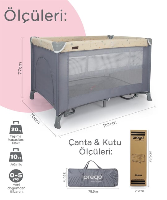 Prego Tokyo Dönenceli Oyun Parkı 70*110 Cm Gri 8047