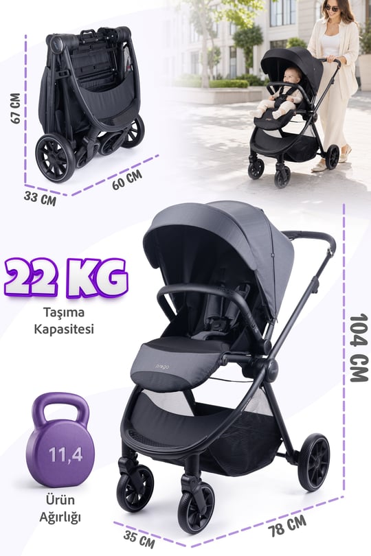 Prego Venüs Premium Çift Yönlü Bebek Arabası Gri