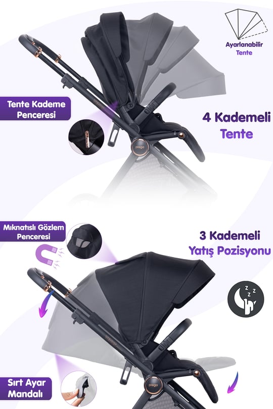 Prego Venüs Premium Çift Yönlü Bebek Arabası Siyah