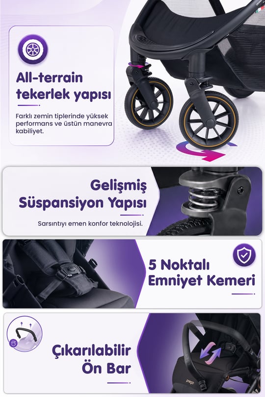 Prego Venüs Premium Çift Yönlü Bebek Arabası Siyah