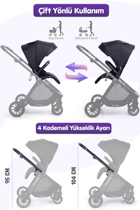 Prego Venüs Premium Çift Yönlü Bebek Arabası Siyah
