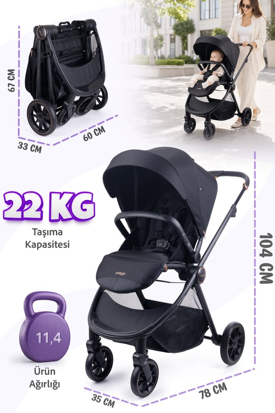Prego Venüs Premium Çift Yönlü Bebek Arabası Siyah
