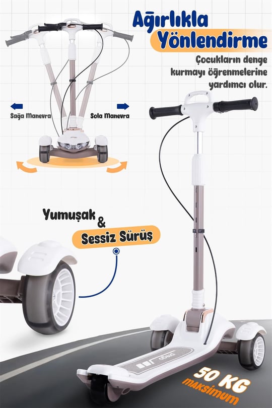 Prego Veyron Bluetoothlu Müzikli Işıklı Çocuk Scooter Bej K-660