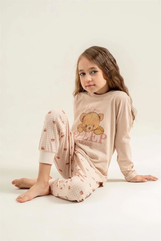 RolyPoly Kız Çocuk Baskılı Pijama Takımı Bej RP3915-3