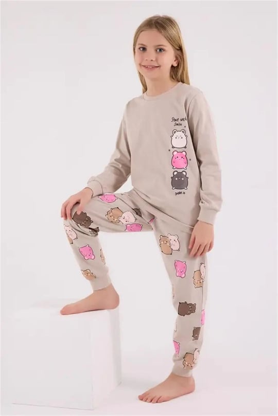 RolyPoly Kız Çocuk Baskılı Pijama Takımı Bej RP3704-2