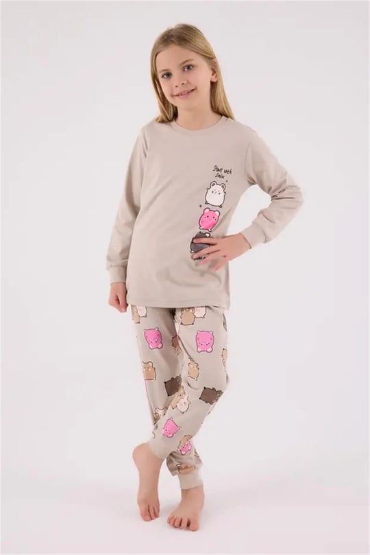 RolyPoly Kız Çocuk Baskılı Pijama Takımı Bej RP3704-2