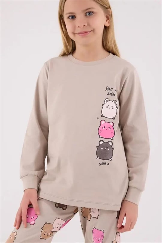 RolyPoly Kız Çocuk Baskılı Pijama Takımı Bej RP3704-2