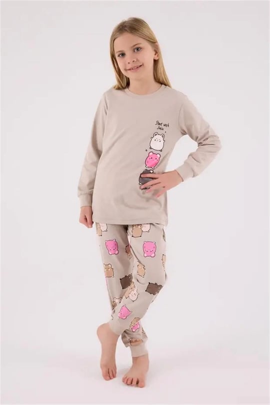 RolyPoly Kız Çocuk Baskılı Pijama Takımı Bej RP3704-2
