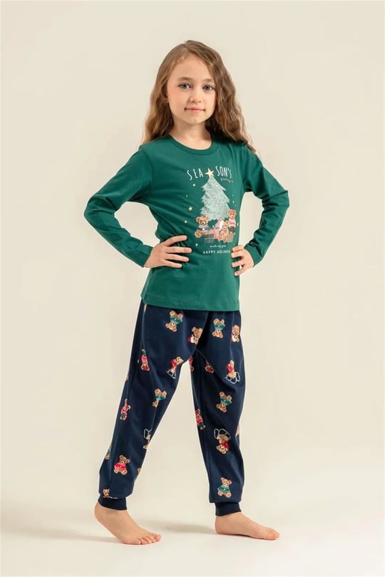 RolyPoly Kız Çocuk Baskılı Pijama Takımı Yeşil RP3918-3