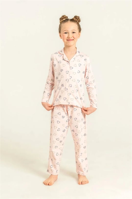 RolyPoly Kız Çocuk Gömlek Pijama Takımı Pudra RP3903-3