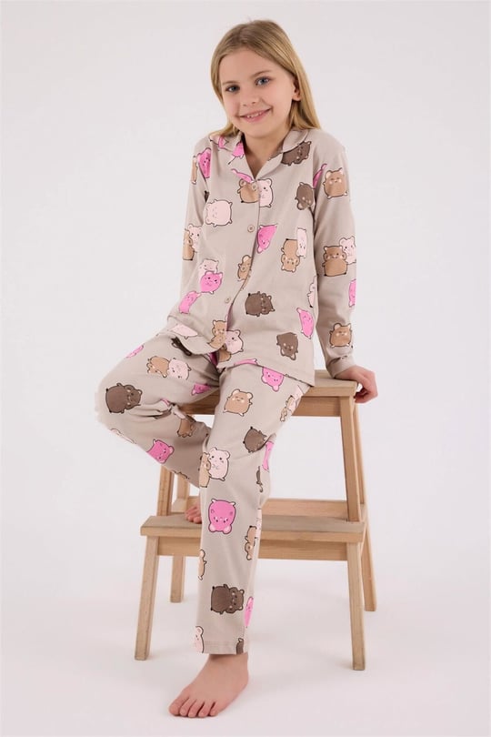 RolyPoly Kız Çocuk Pijama Takımı Bej RP3706-G