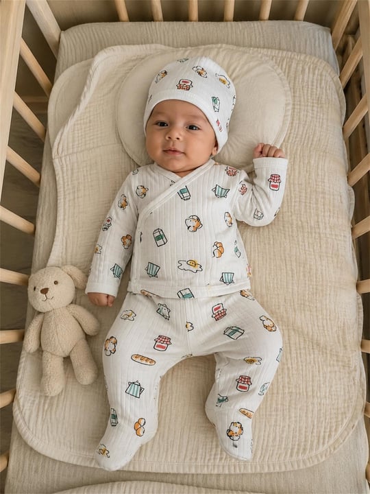 Tiffany Baby Bebek Breakfast Theme 3'lü Şapkalı Patikli Alt Üst Takım Ekru 35078