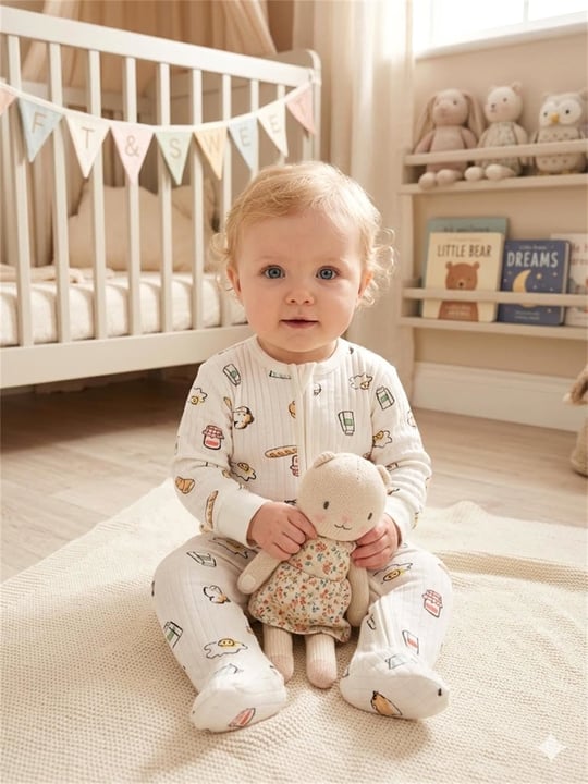 Tiffany Baby Bebek Breakfast Theme Fermuarlı Patikli Tulum Ekru 35040
