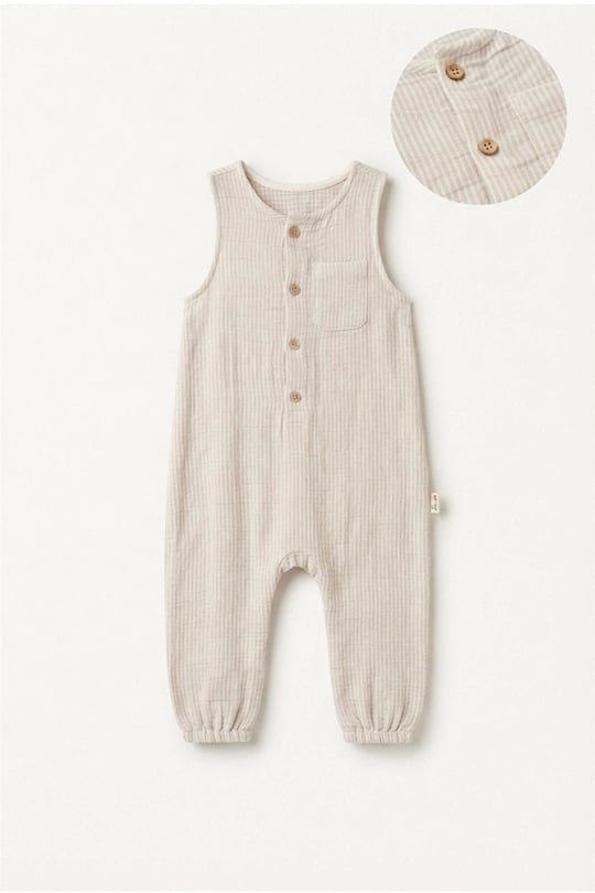 Tiffany Baby Bebek Lycra Theme Müslin Düğmeli Uzun Tulum Bej 26024