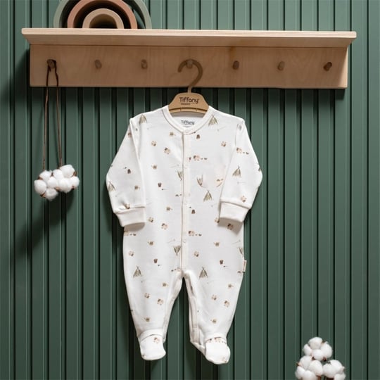 Tiffany Baby Erkek Bebek Happy Lambs Organik Theme Patikli Tulum Ekru 33033