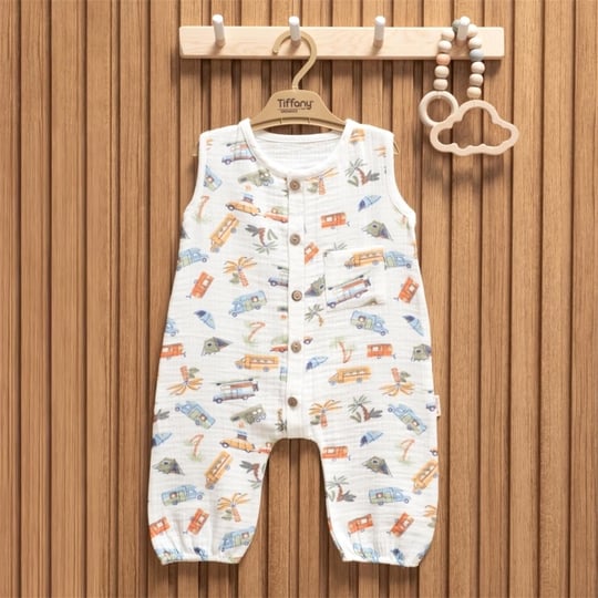 Tiffany Baby Erkek Bebek Müslin Caravan Theme Kolsuz Tulum Beyaz 61024