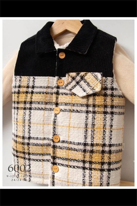 Tongs Baby Erkek Bebek Big Plaid 3'lü Yelek Kadife Pantolon Takım Hardal 6002