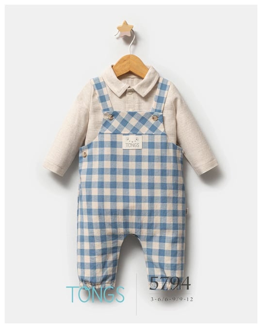 Tongs Baby Erkek Bebek Plaid Kareli Salopet Body Takım Mavi 5794
