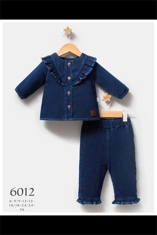 Tongs Baby Kız Bebek Jean Love Fırfır Yakalı Gömlek Pantolon Takım Lacivert 6012