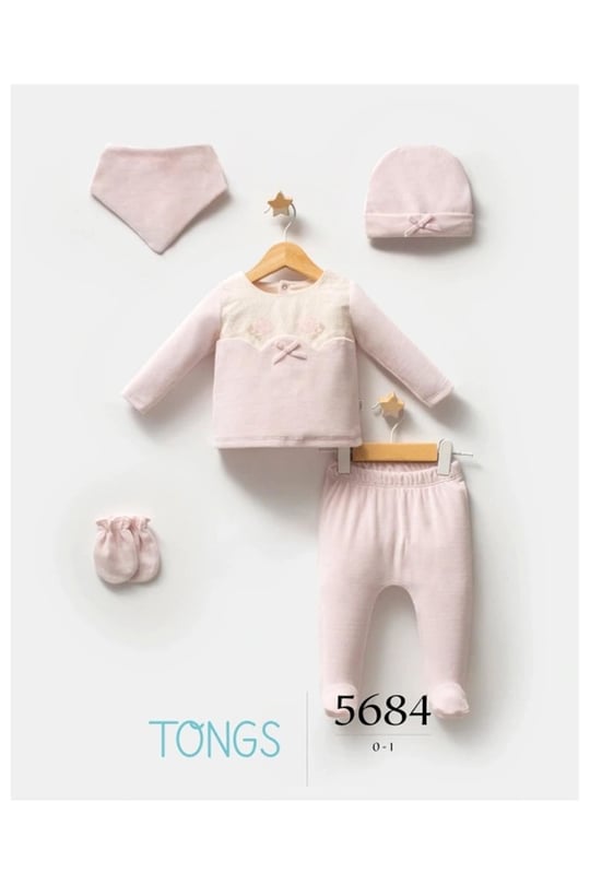 Tongs Baby Kız Bebek Newborn Etamine 5'li Hastane Çıkış Seti Pembe 5684