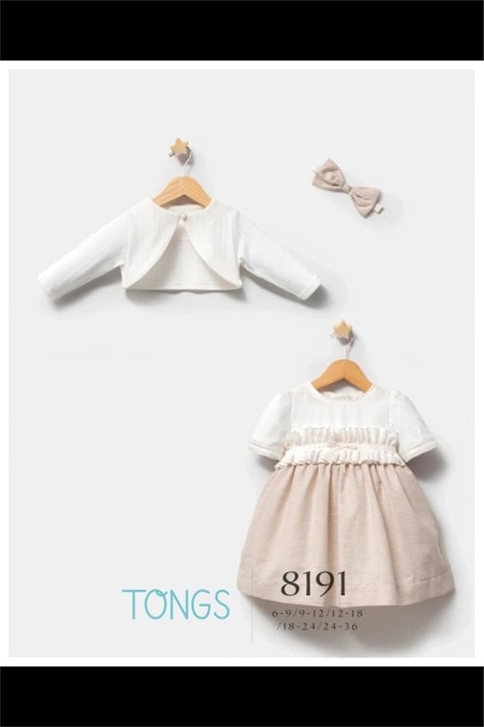 Tongs Baby Kız Bebek Saç Bantlı Elbise Bolero Takım Bej 8191