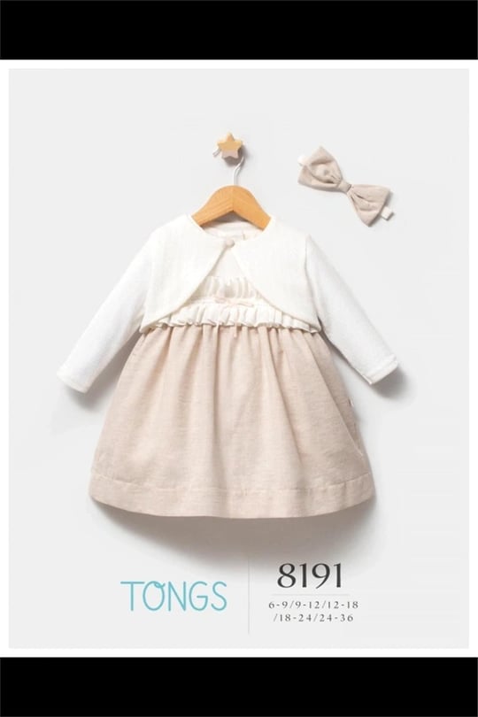 Tongs Baby Kız Bebek Saç Bantlı Elbise Bolero Takım Bej 8191