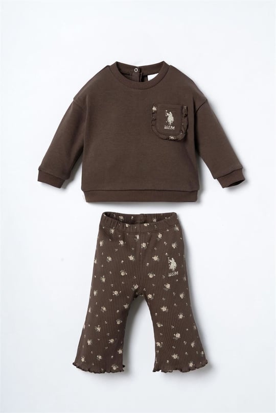 U.S Polo Assn Kız Bebek Sweatshirt Tayt Takım Kahverengi USB3251