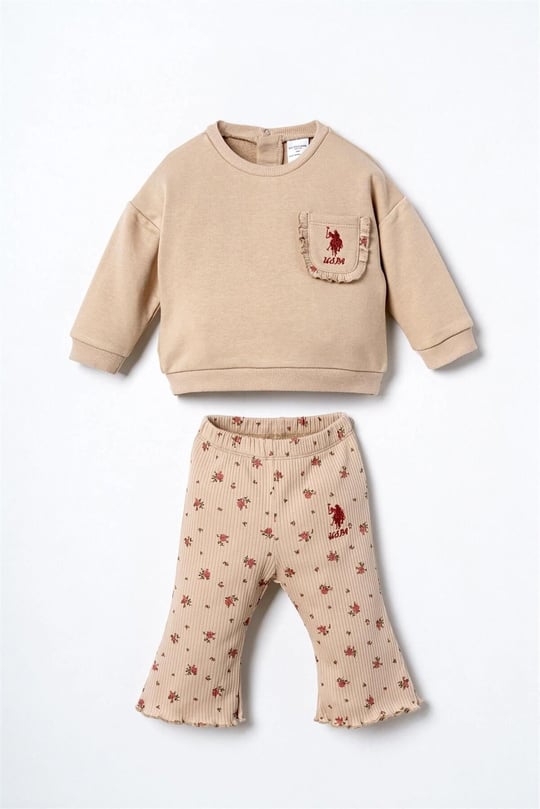 U.S Polo Assn Kız Bebek Sweatshirt Tayt Takım Bej USB3251