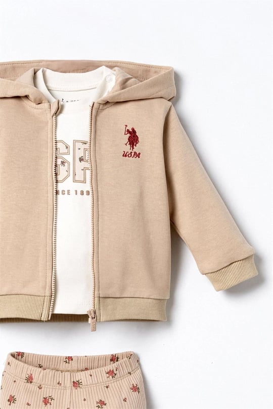 U.S Polo Assn Kız Bebek 3'lü Nakışlı Kapüşonlu Ceket Alt Takım Bej USB3252