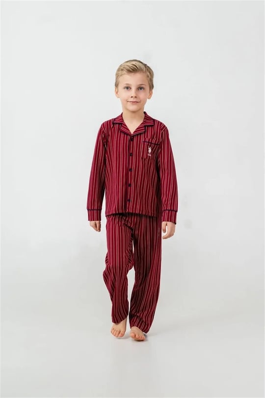 U.S Polo Assn Erkek Çocuk Nakışlı Gömlek Pijama Takımı Bordo US2644-G