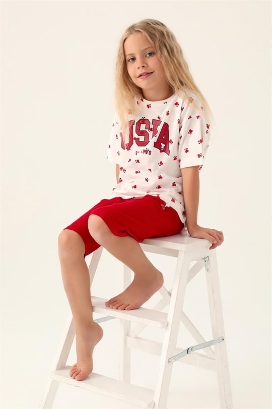 U.S. Polo Assn. Kız Çocuk Kapri Takım Krem Kırmızı US1831-G