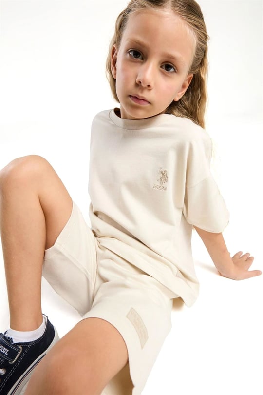 U.S. Polo Assn. Kız Çocuk Bermuda Tişört Şort Takım Bej US2090-4