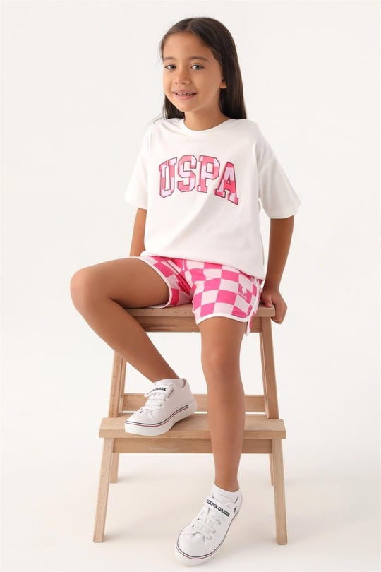 U.S. Polo Assn. Kız Çocuk Tişört Şort Takım Krem US1813-G