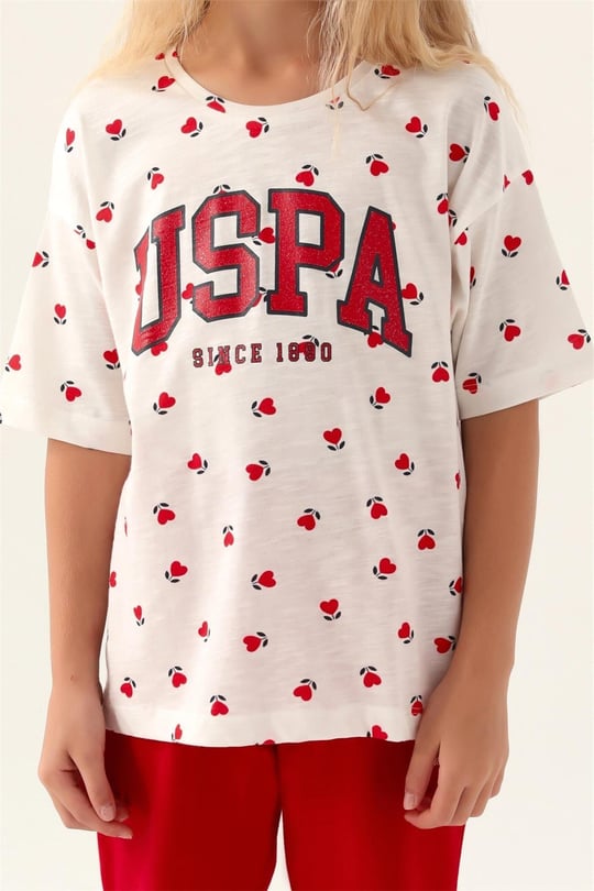U.S. Polo Assn. Kız Çocuk Kapri Takım Krem Kırmızı US1831-G