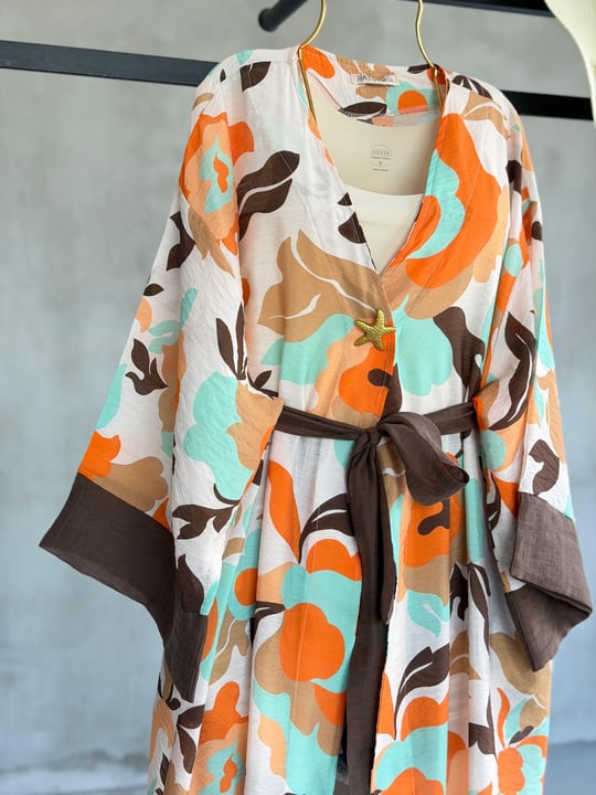 Akdeniz Çiçek Desenli Kuşaklı Kimono (Oranj)