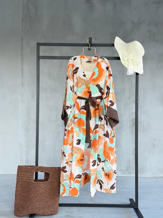 Akdeniz Çiçek Desenli Kuşaklı Kimono (Oranj)