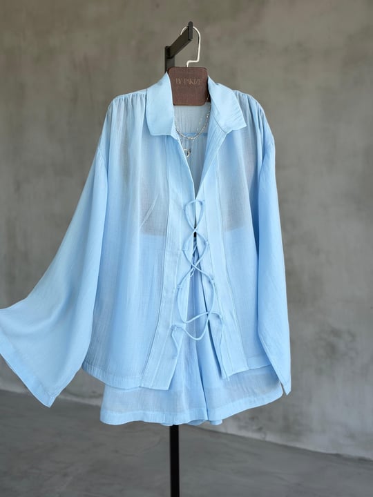 Bağlamalı Kimono Model Şort Takım (Bebe Mavisi)