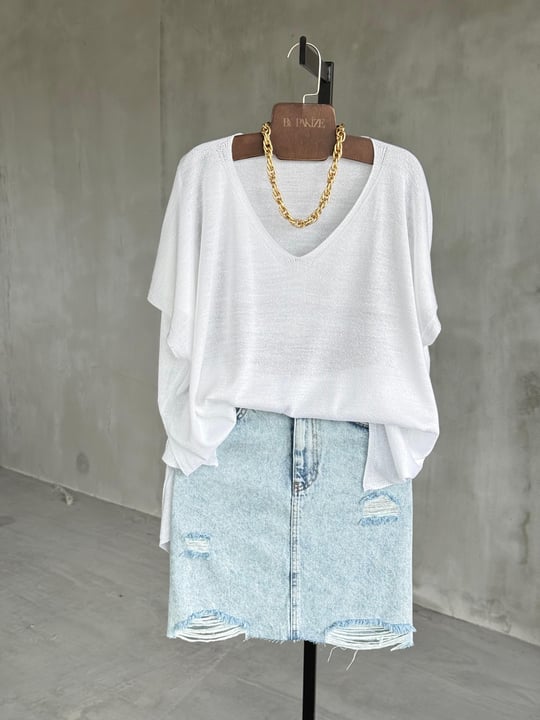 Basic Oversize Merserize Yan Yırtmaç Triko (Beyaz)