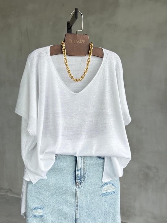 Basic Oversize Merserize Yan Yırtmaç Triko (Beyaz)