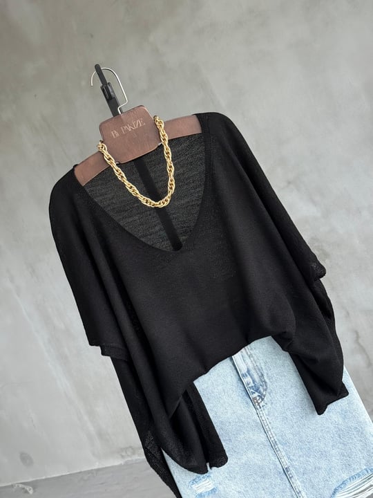 Basic Oversize Merserize Yan Yırtmaç Triko (Siyah)