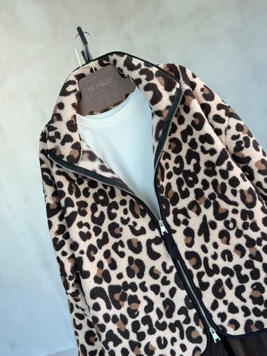 Fermuarlı Leopar Desenli Peluş Teddy Cepli Ceket (Kahve)  