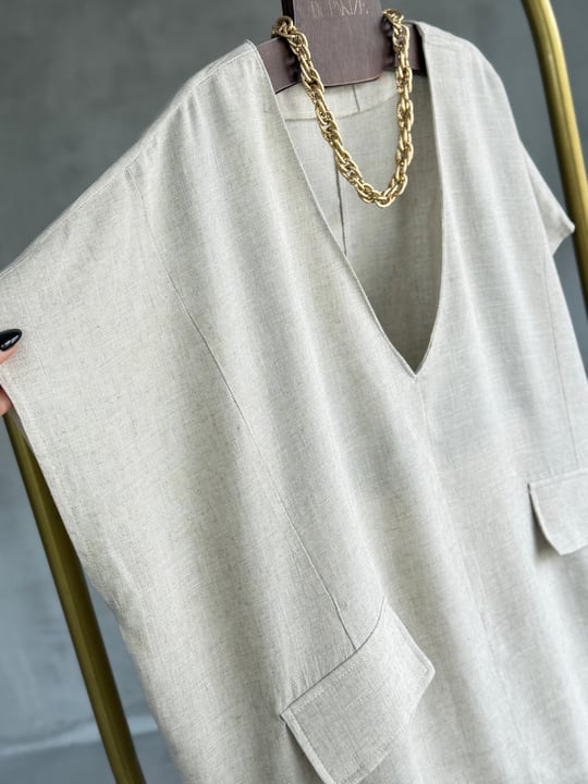 Naturel Keten V Yaka Cepli Oversize Bluz (Naturel)