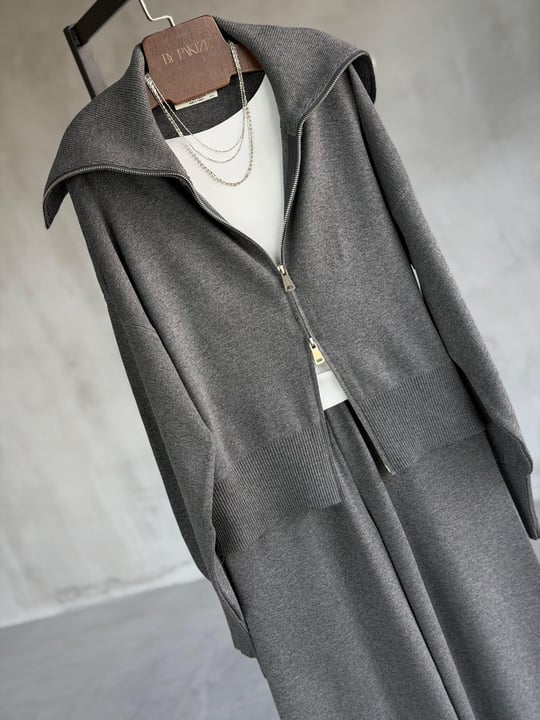 Premium Oysho Model Geniş Yaka Triko Takım (Antrasit)