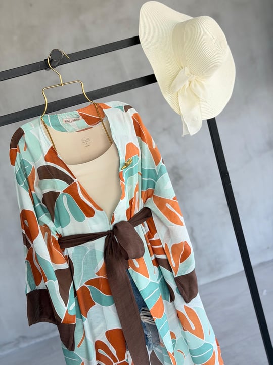 Tropik Yaprak Desenli Kuşaklı Kimono (Su Yeşili)