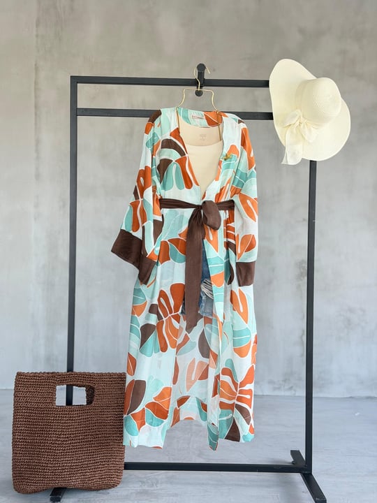 Tropik Yaprak Desenli Kuşaklı Kimono (Su Yeşili)